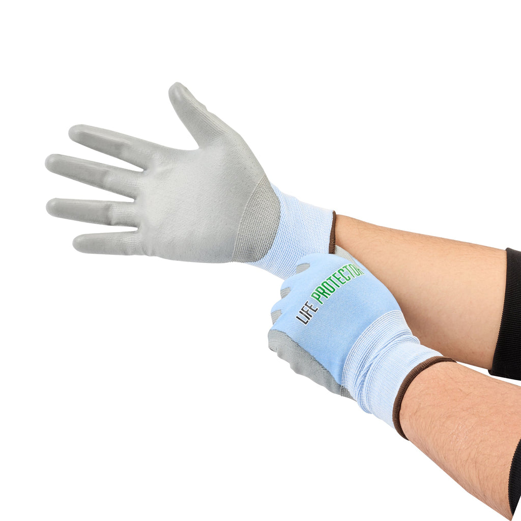 Life Protector Light Blue Diamond Blend Large Work Gloves - with Foam Polyurethane Palm Coating, Cut-Resistant - Pair - 1 count box