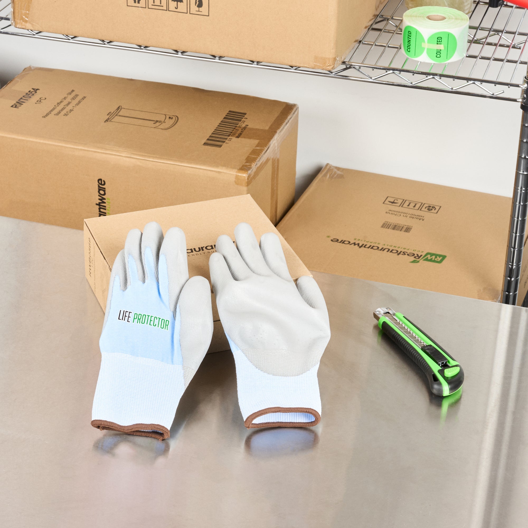 Life Protector Light Blue Diamond Blend Large Work Gloves - with Foam Polyurethane Palm Coating, Cut-Resistant - Pair - 10 count box