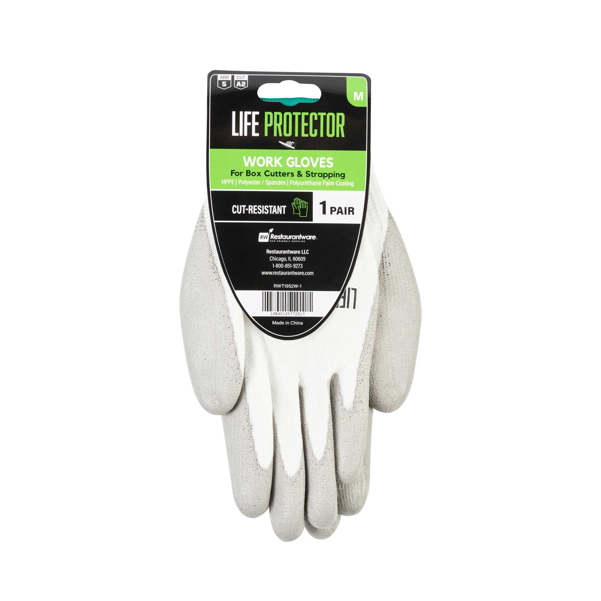 Life Protector White HPPE Polyester / Spandex Medium Work Gloves - with Polyurethane Palm Coating, Cut-Resistant - Pair - 1 count box
