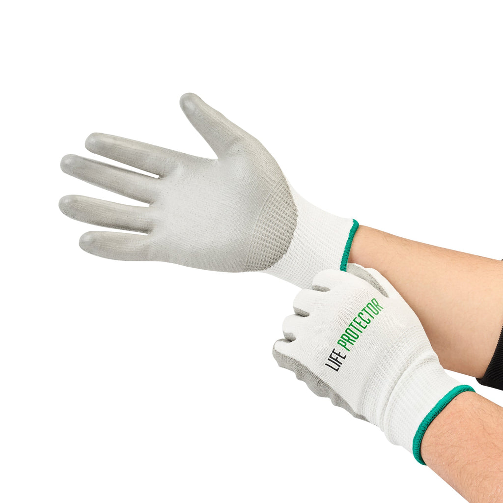 Life Protector White HPPE Polyester / Spandex Medium Work Gloves - with Polyurethane Palm Coating, Cut-Resistant - Pair - 10 count box
