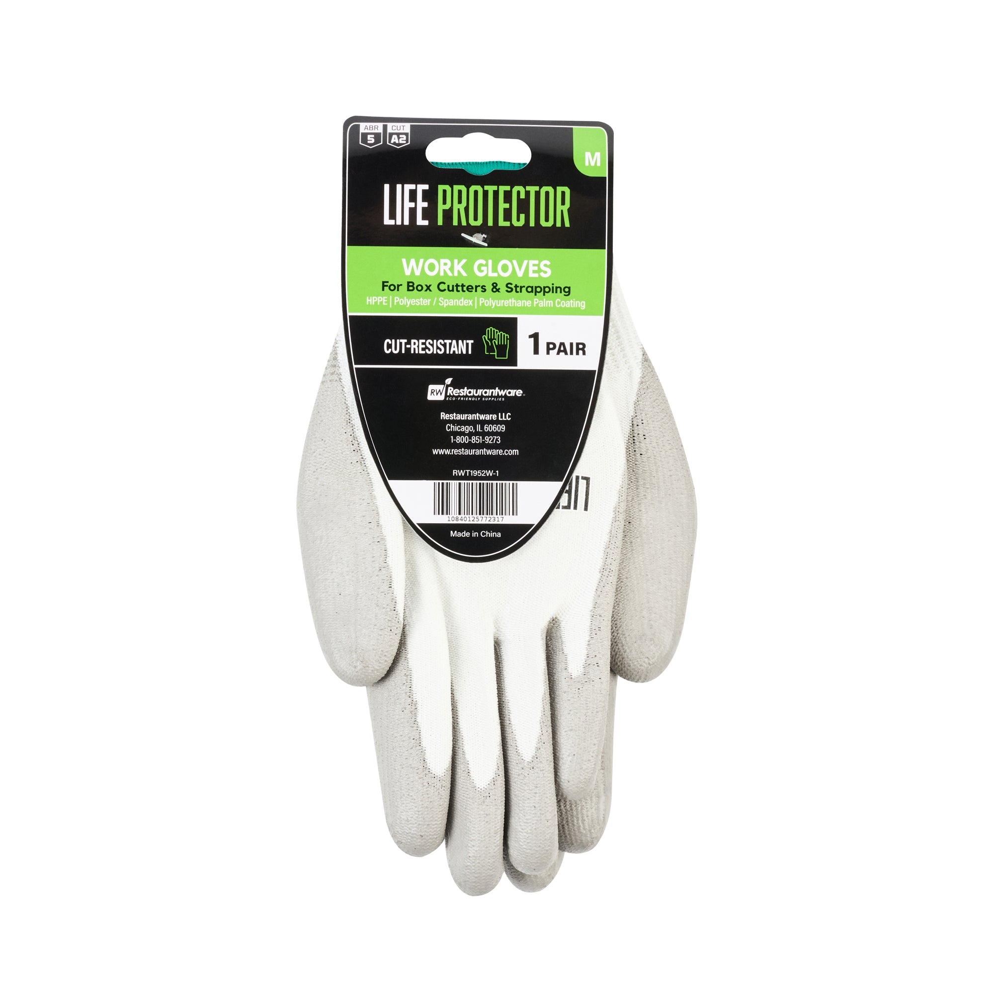 Life Protector White HPPE Polyester / Spandex Medium Work Gloves - with Polyurethane Palm Coating, Cut-Resistant - Pair - 10 count box