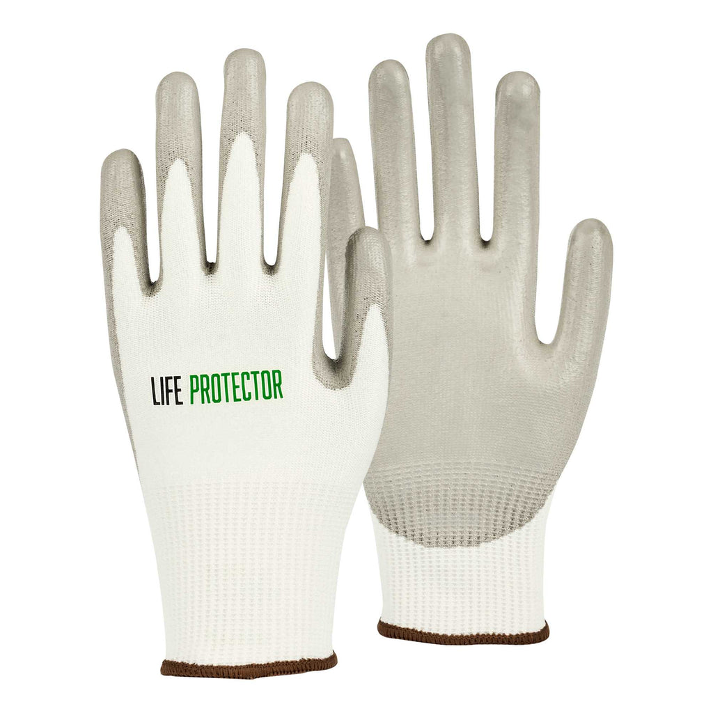 Life Protector White HPPE Polyester / Spandex Large Work Gloves - with Polyurethane Palm Coating, Cut-Resistant - Pair - 1 count box