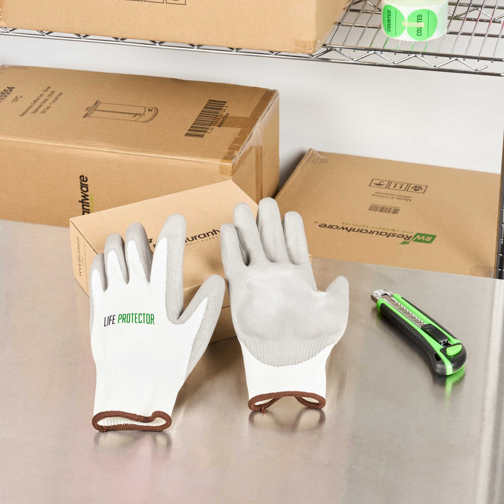 Life Protector White HPPE Polyester / Spandex Large Work Gloves - with Polyurethane Palm Coating, Cut-Resistant - Pair - 1 count box