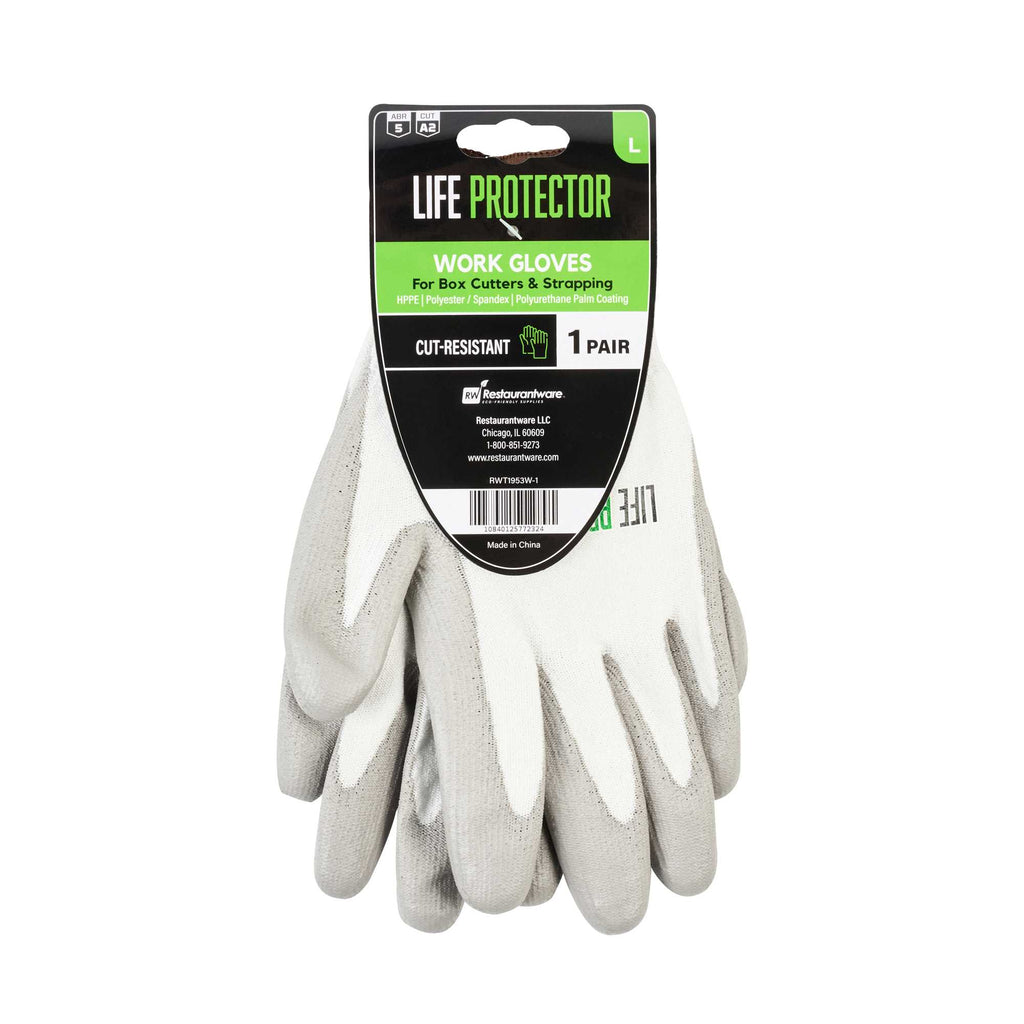 Life Protector White HPPE Polyester / Spandex Large Work Gloves - with Polyurethane Palm Coating, Cut-Resistant - Pair - 1 count box