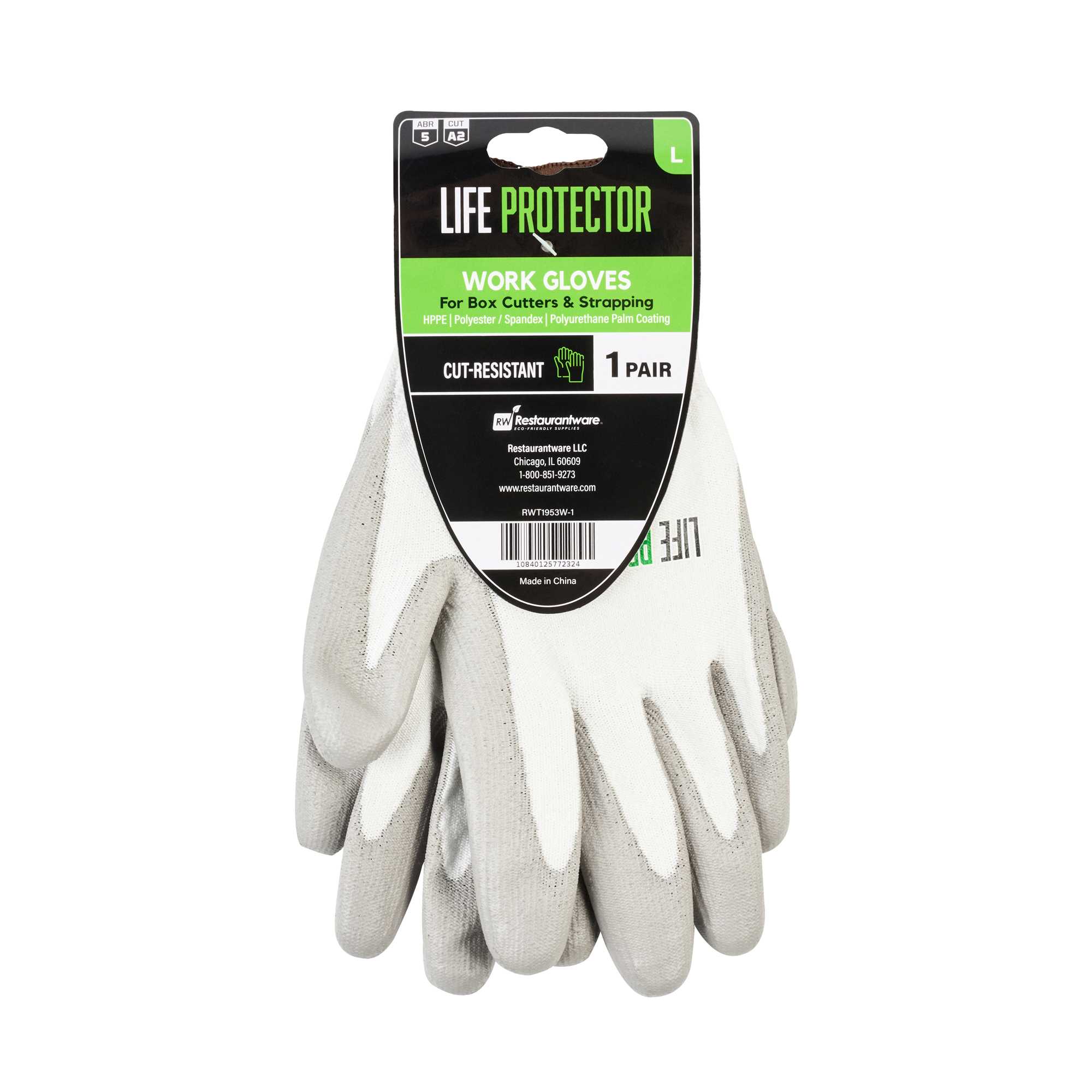 Life Protector White HPPE Polyester / Spandex Large Work Gloves - with Polyurethane Palm Coating, Cut-Resistant - Pair - 1 count box
