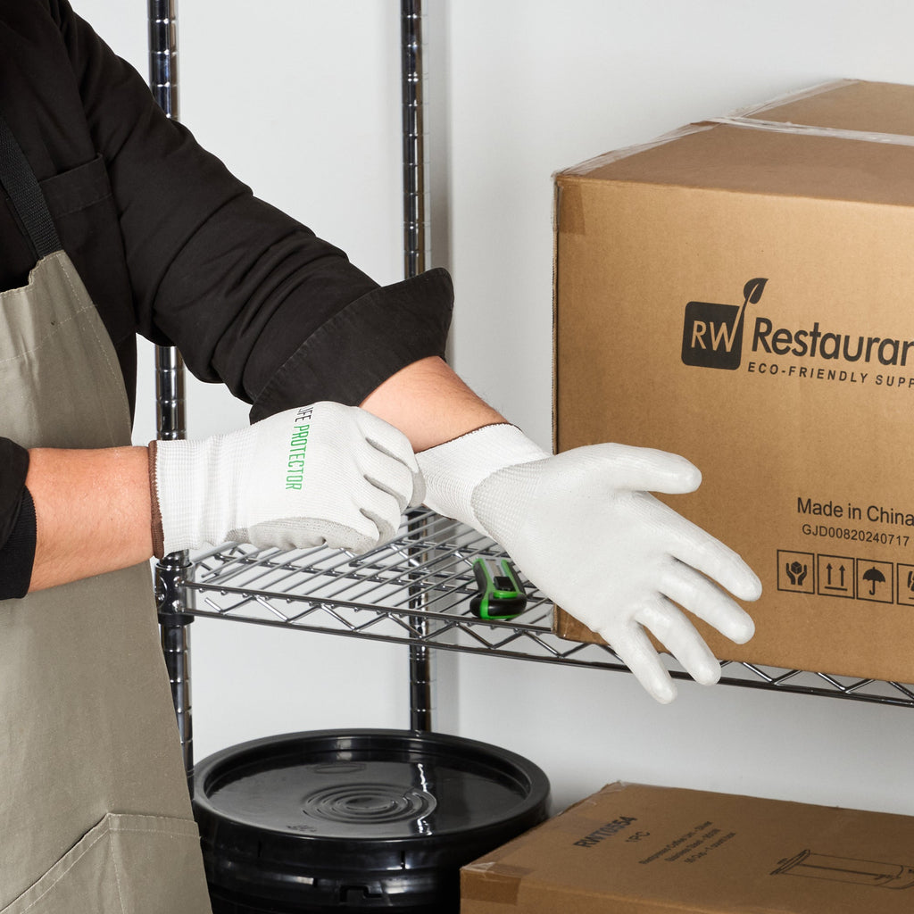 Life Protector White HPPE Polyester / Spandex Large Work Gloves - with Polyurethane Palm Coating, Cut-Resistant - Pair - 10 count box