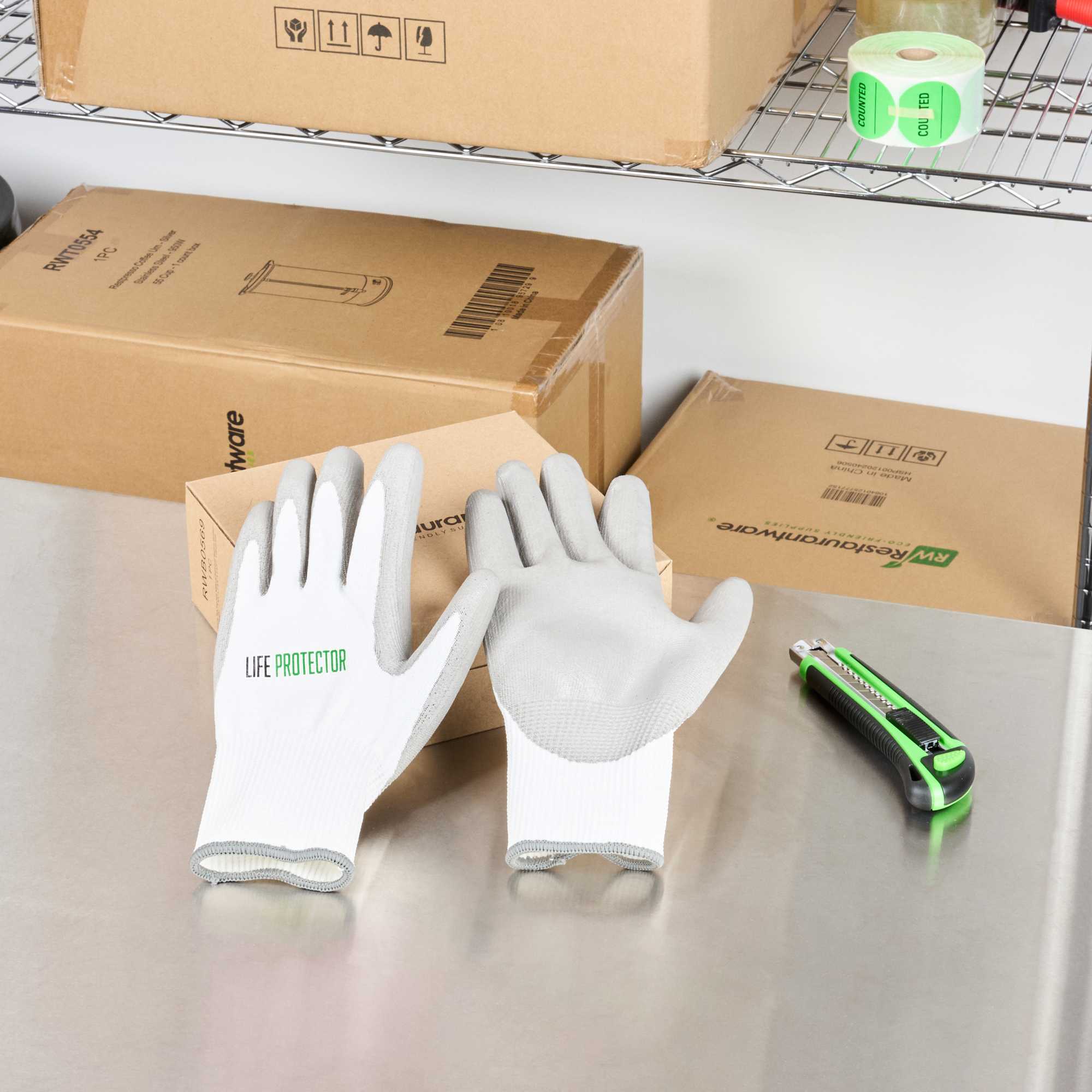 Life Protector White HPPE Polyester / Spandex Extra Large Work Gloves - with Polyurethane Palm Coating, Cut-Resistant - Pair - 1 count box