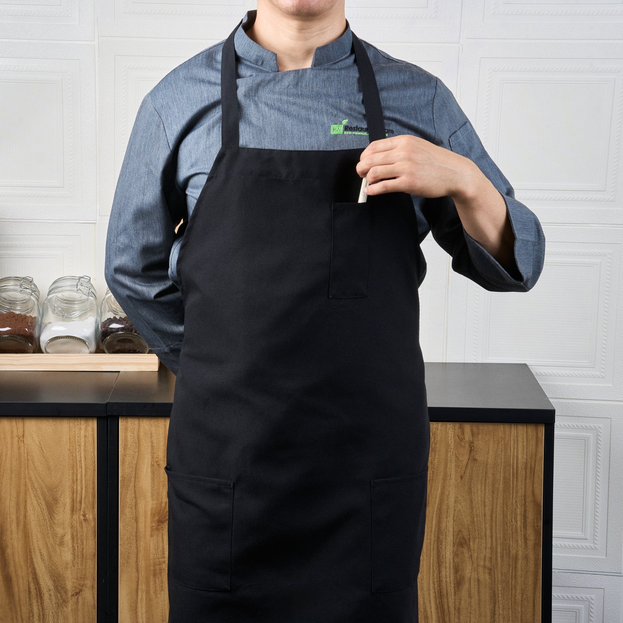 Chef 101 Black Standard Bib Apron - with 3 Pockets - 32 1/2'' x 27 1/2'' - 100 count box