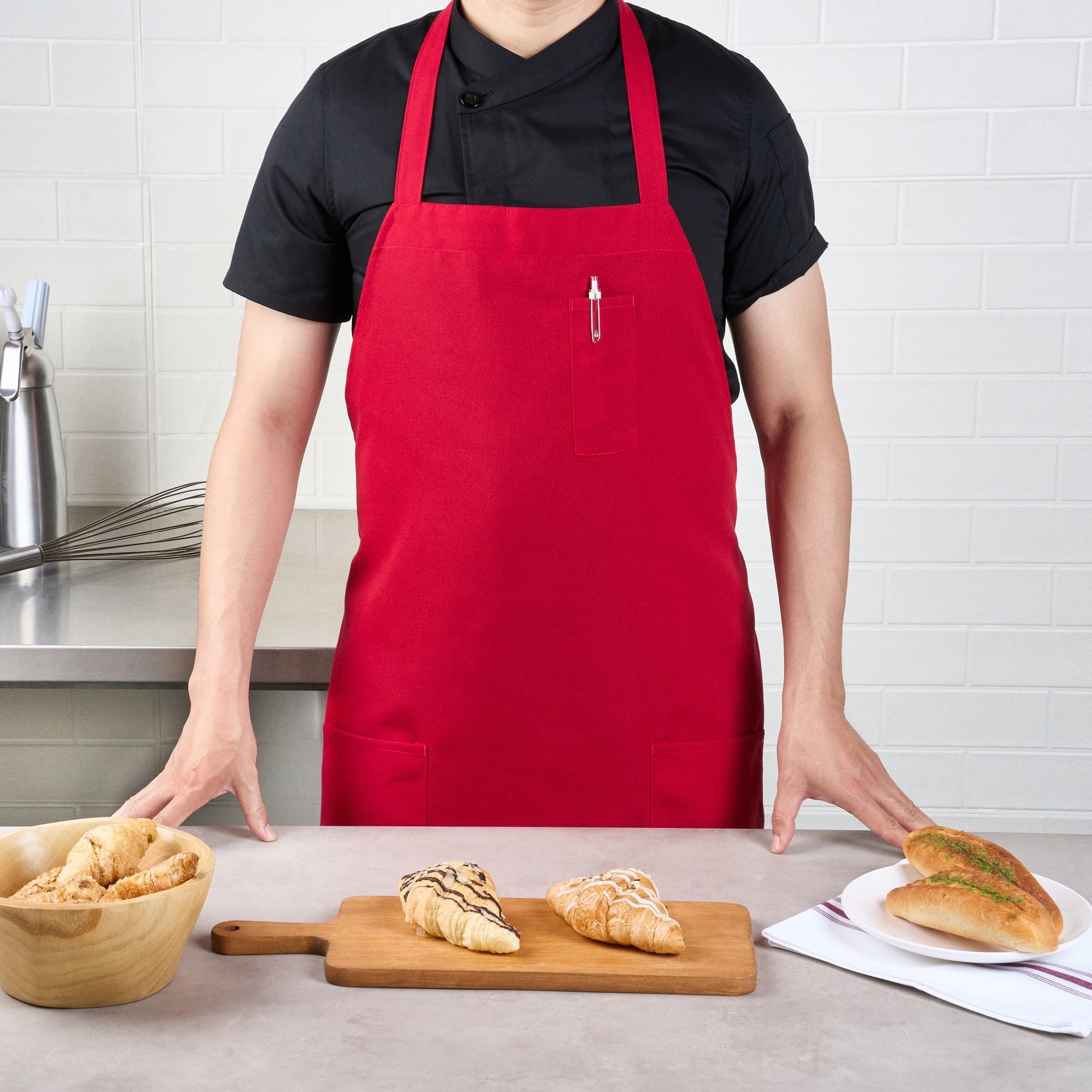 Chef 101 Red Standard Bib Apron - with 3 Pockets - 32 1/2'' x 27 1/2'' - 1 count box