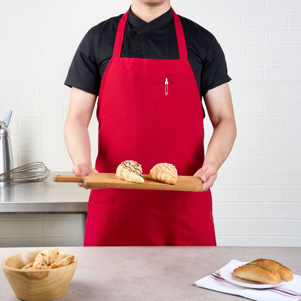 Chef 101 Red Standard Bib Apron - with 3 Pockets - 32 1/2'' x 27 1/2'' - 100 count box