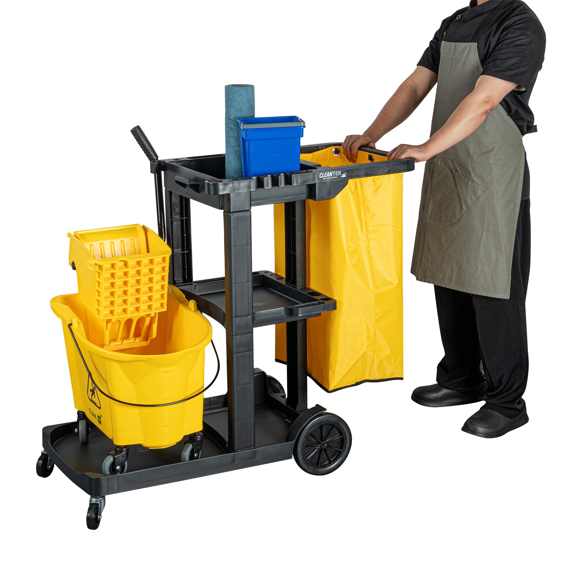 Clean Tek Professional Black 3-Shelf Janitor Cart - 18 gal Bag - 44" x 18 1/2" x 37 3/4" - 1 count box