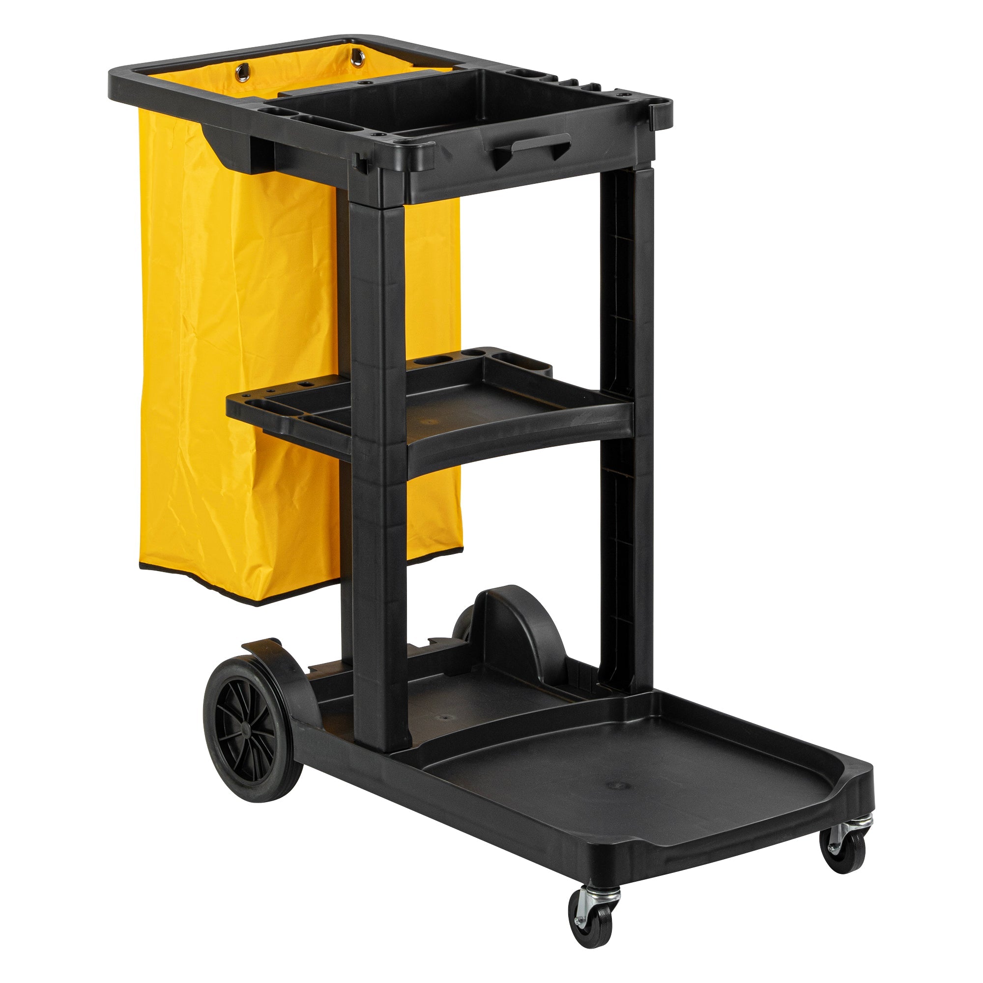 Clean Tek Professional Black 3-Shelf Janitor Cart - 18 gal Bag - 44" x 18 1/2" x 37 3/4" - 1 count box