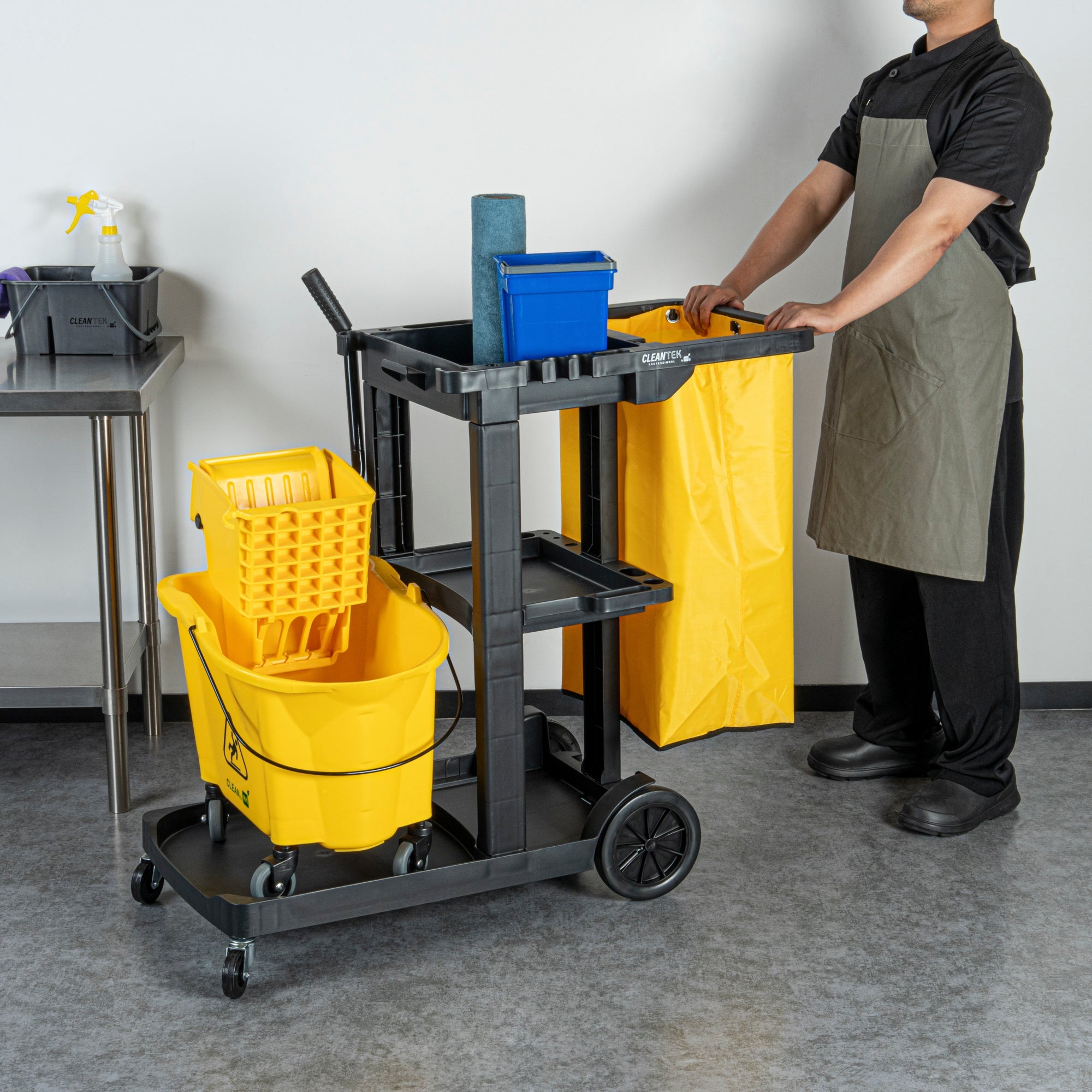 Clean Tek Professional Black 3-Shelf Janitor Cart - 18 gal Bag - 44" x 18 1/2" x 37 3/4" - 1 count box