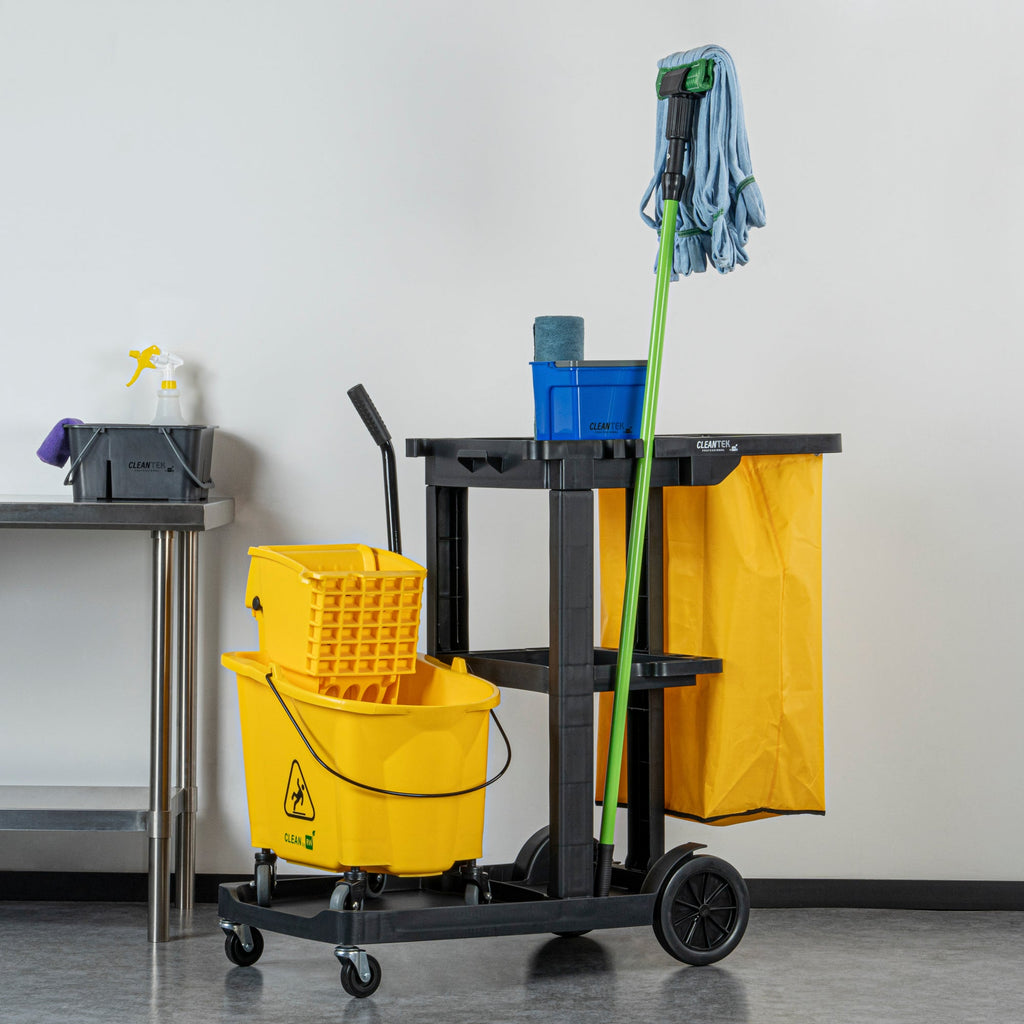Clean Tek Professional Black 3-Shelf Janitor Cart - 18 gal Bag - 44" x 18 1/2" x 37 3/4" - 1 count box