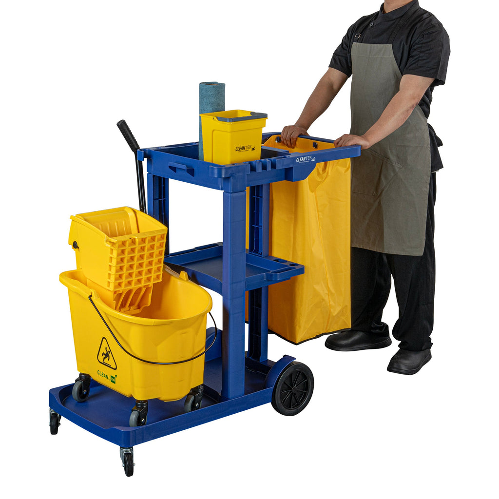 Clean Tek Professional Blue 3-Shelf Janitor Cart - 18 gal Bag - 44" x 18 1/2" x 37 3/4" - 1 count box