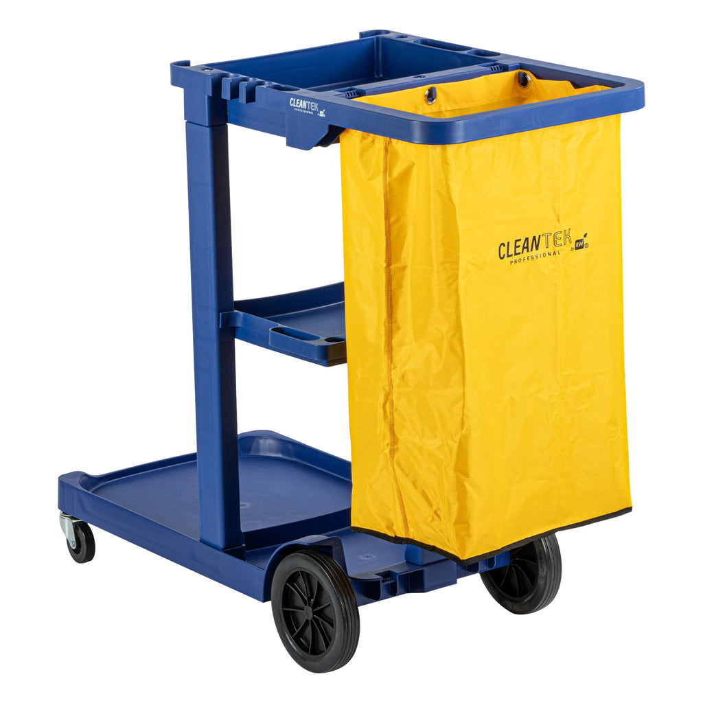 Clean Tek Professional Blue 3-Shelf Janitor Cart - 18 gal Bag - 44" x 18 1/2" x 37 3/4" - 1 count box