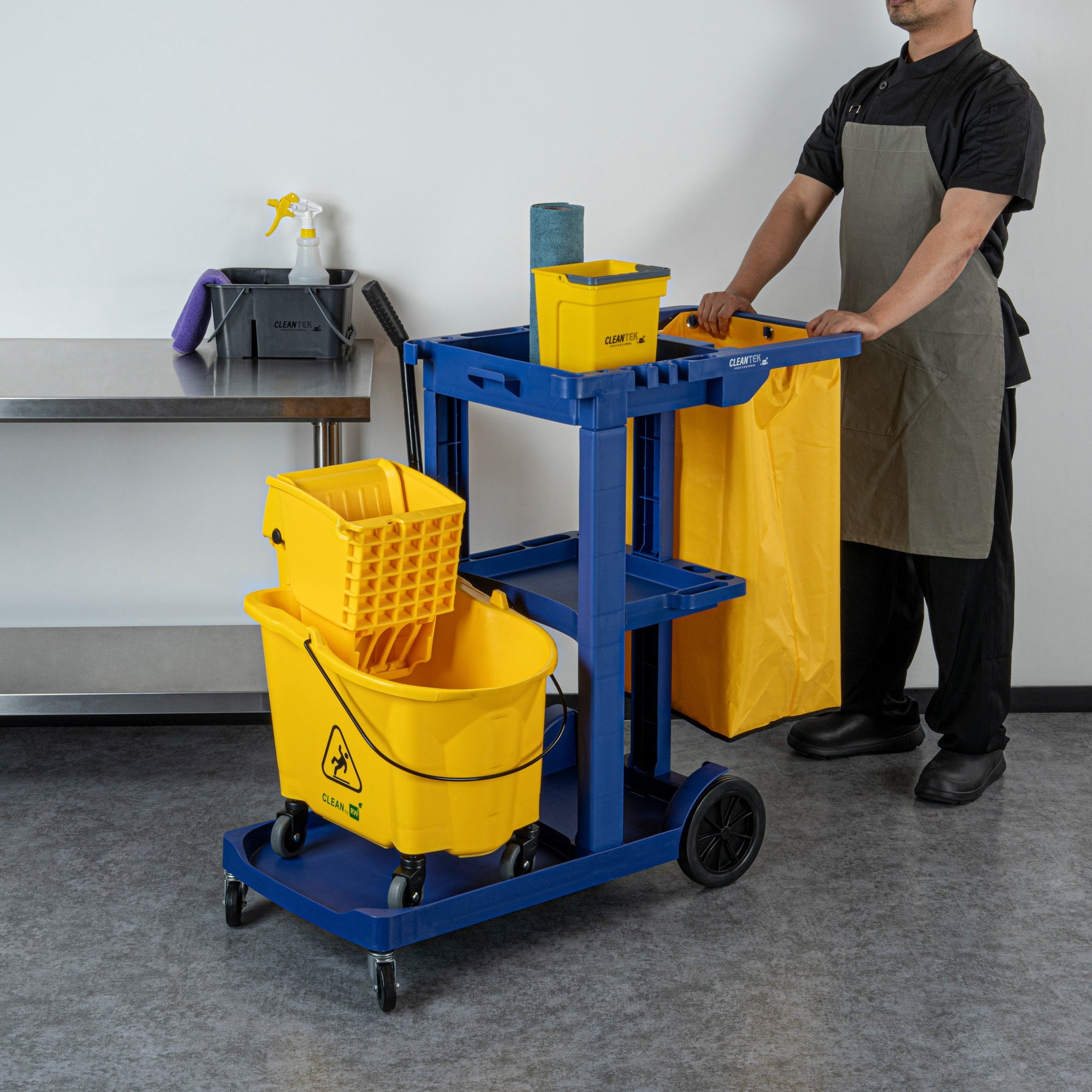 Clean Tek Professional Blue 3-Shelf Janitor Cart - 18 gal Bag - 44" x 18 1/2" x 37 3/4" - 1 count box