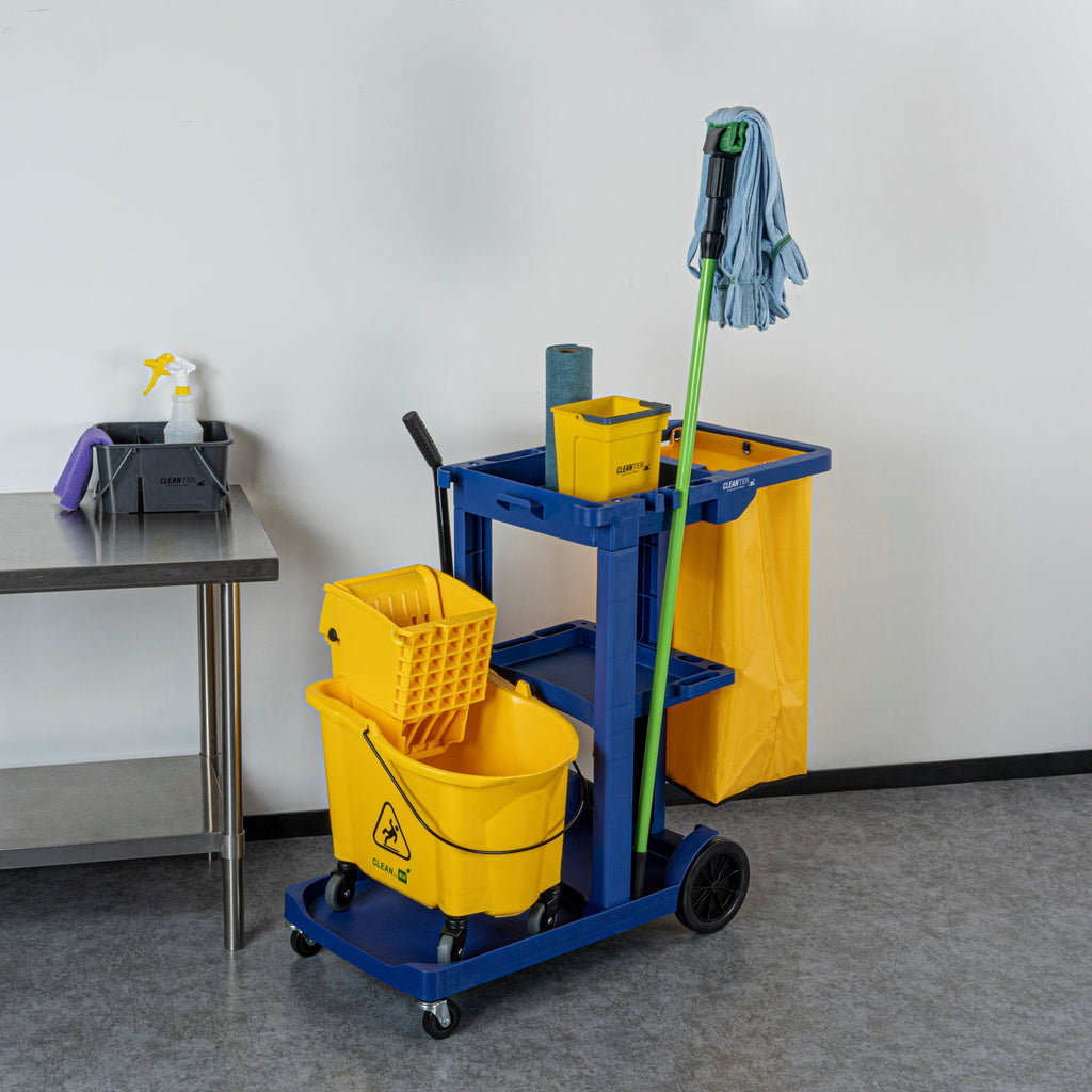 Clean Tek Professional Blue 3-Shelf Janitor Cart - 18 gal Bag - 44" x 18 1/2" x 37 3/4" - 1 count box