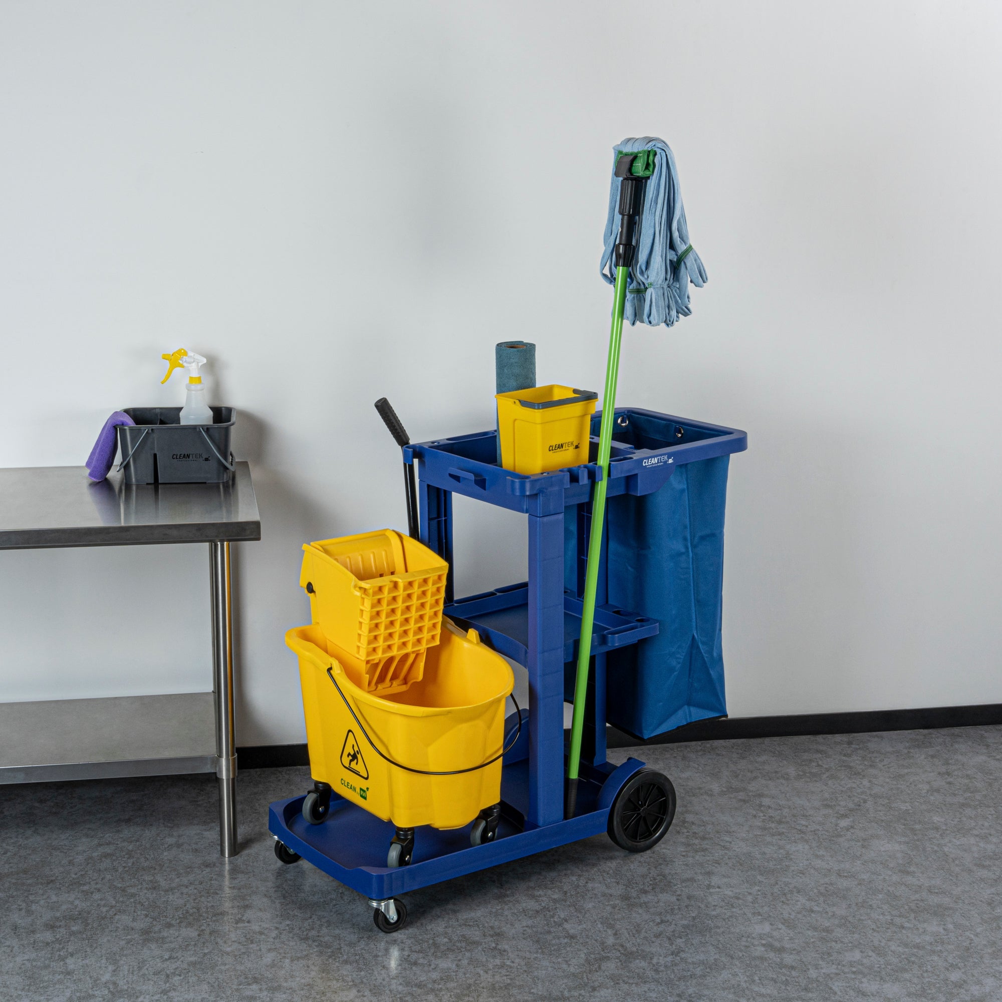Clean Tek Professional Blue 3-Shelf Janitor Cart - 18 gal Bag - 44" x 18 1/2" x 37 3/4" - 1 count box