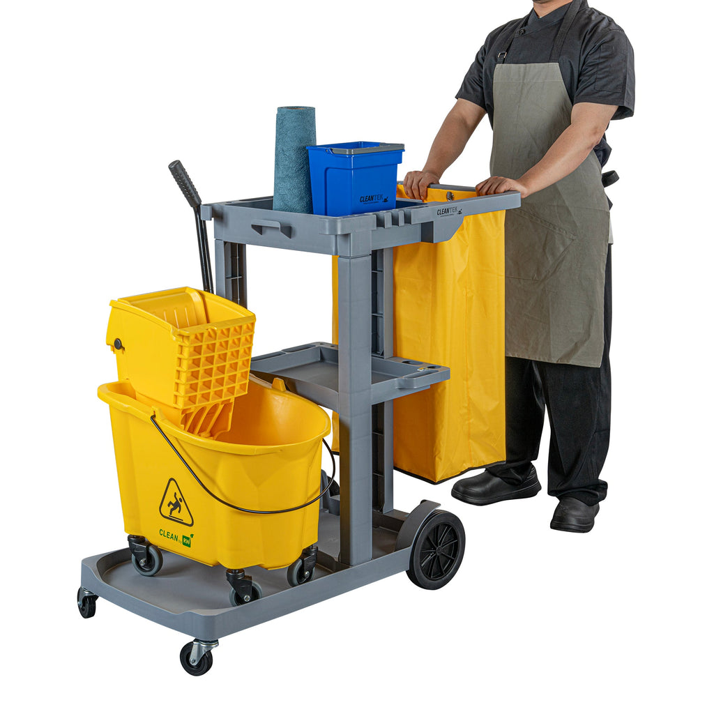 Clean Tek Professional Gray 3-Shelf Janitor Cart - 18 gal Bag - 44" x 18 1/2" x 37 3/4" - 1 count box