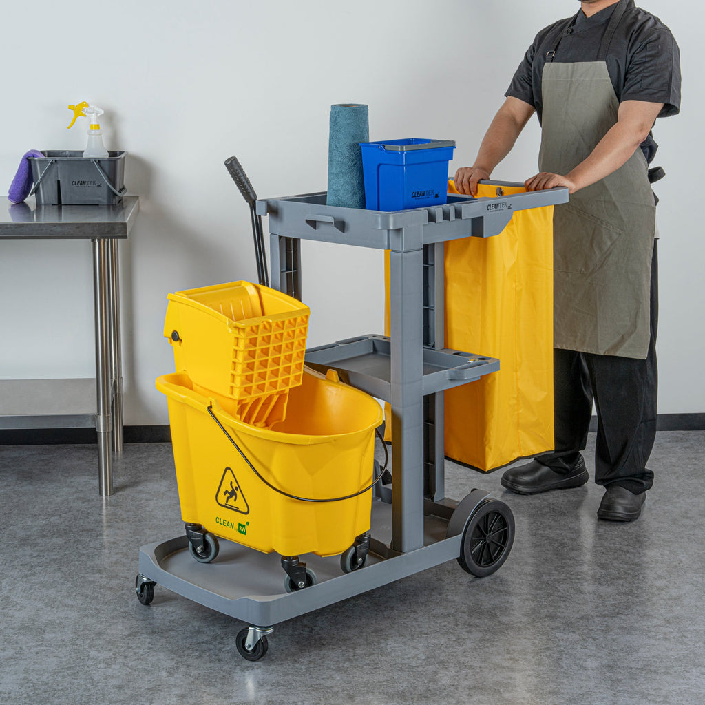 Clean Tek Professional Gray 3-Shelf Janitor Cart - 18 gal Bag - 44" x 18 1/2" x 37 3/4" - 1 count box