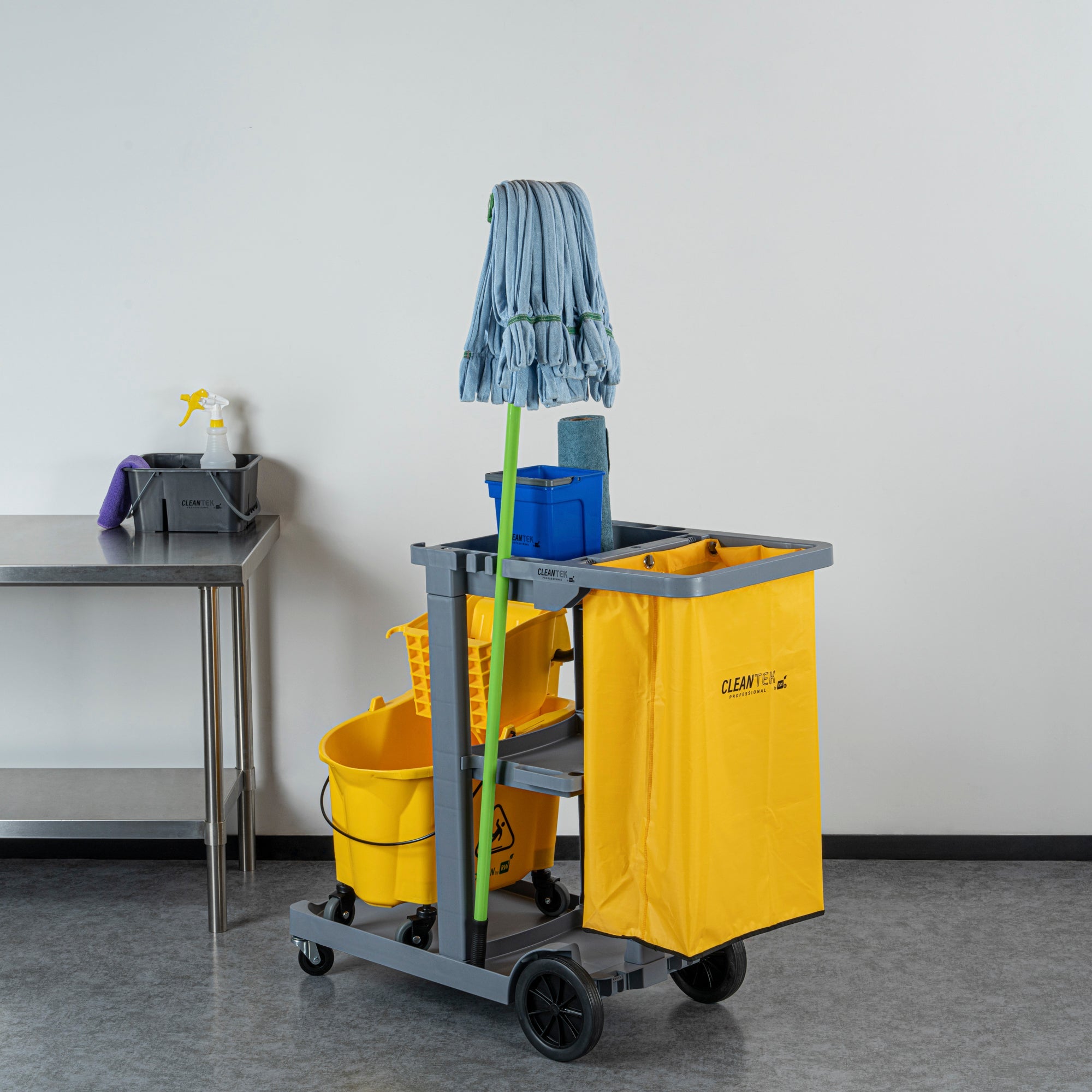Clean Tek Professional Gray 3-Shelf Janitor Cart - 18 gal Bag - 44" x 18 1/2" x 37 3/4" - 1 count box