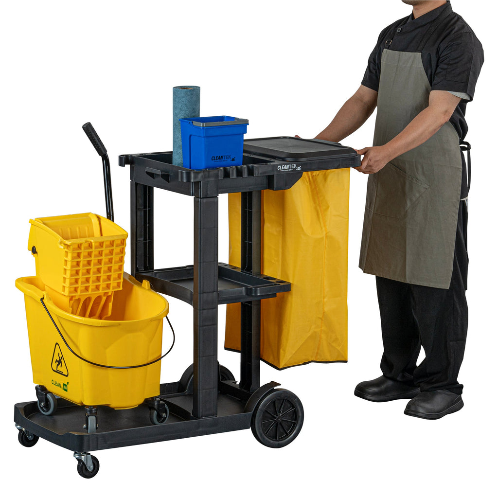 Clean Tek Professional Black 3-Shelf Janitor Cart - 18 gal Bag, Lid - 44" x 18 1/2" x 39" - 1 count box