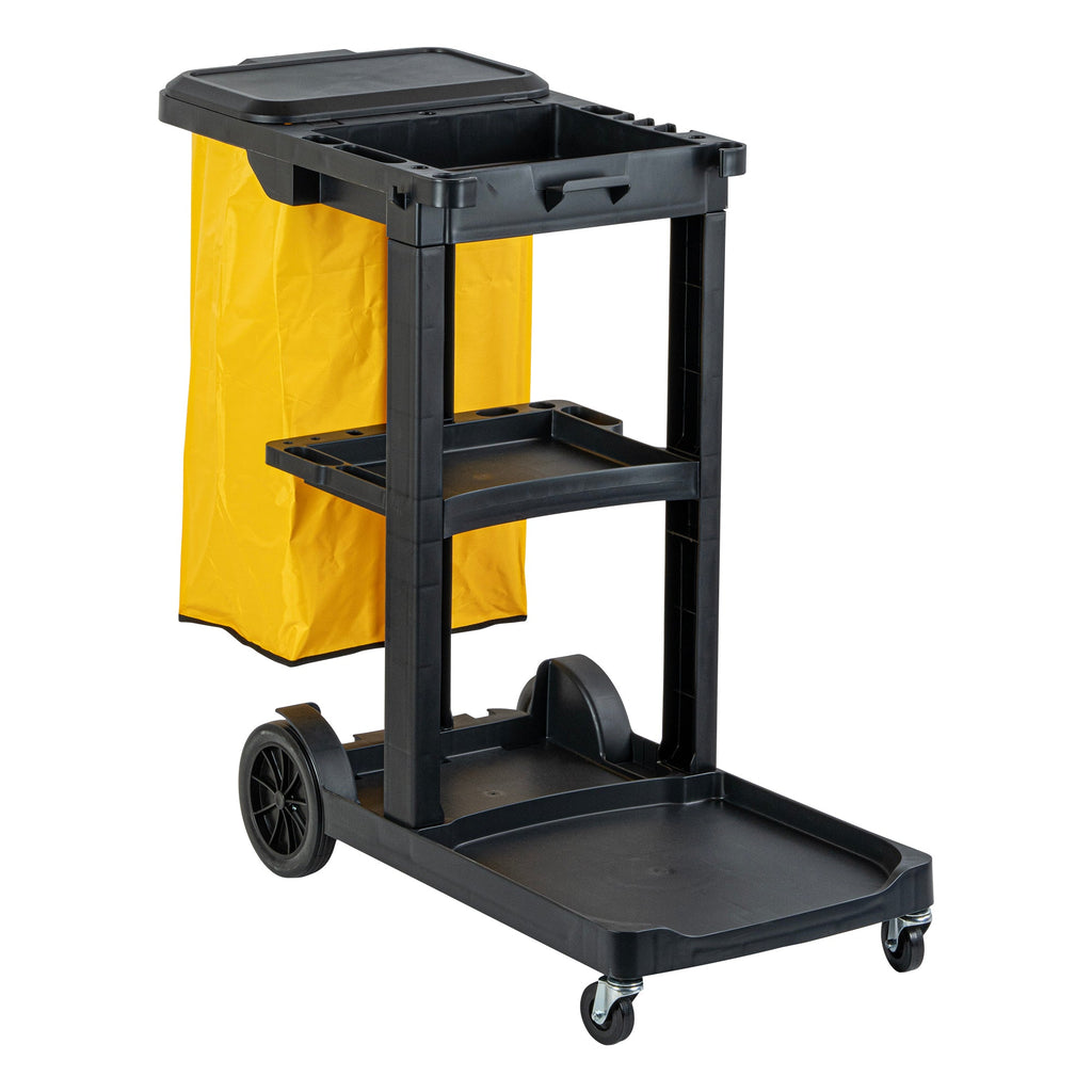 Clean Tek Professional Black 3-Shelf Janitor Cart - 18 gal Bag, Lid - 44" x 18 1/2" x 39" - 1 count box