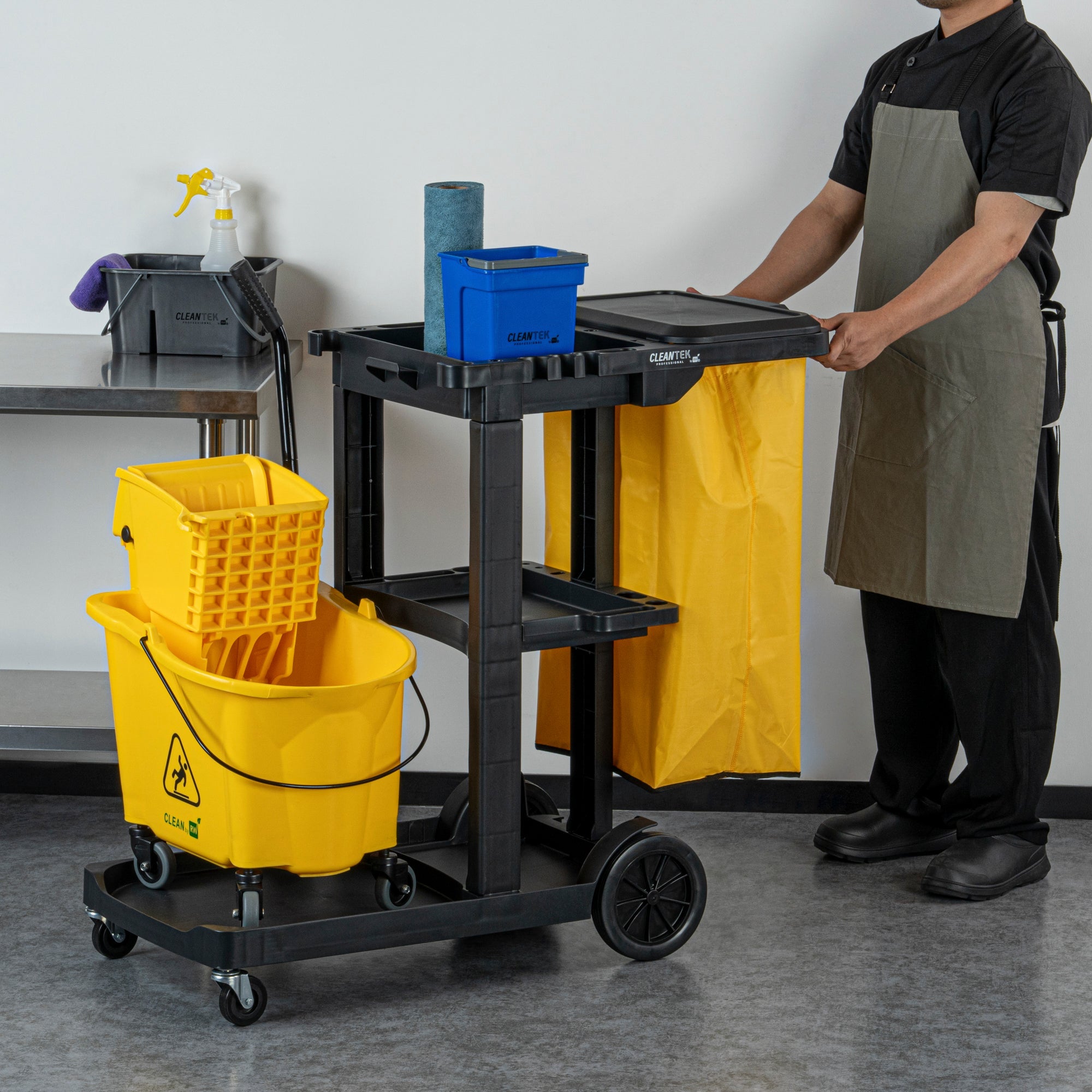 Clean Tek Professional Black 3-Shelf Janitor Cart - 18 gal Bag, Lid - 44" x 18 1/2" x 39" - 1 count box
