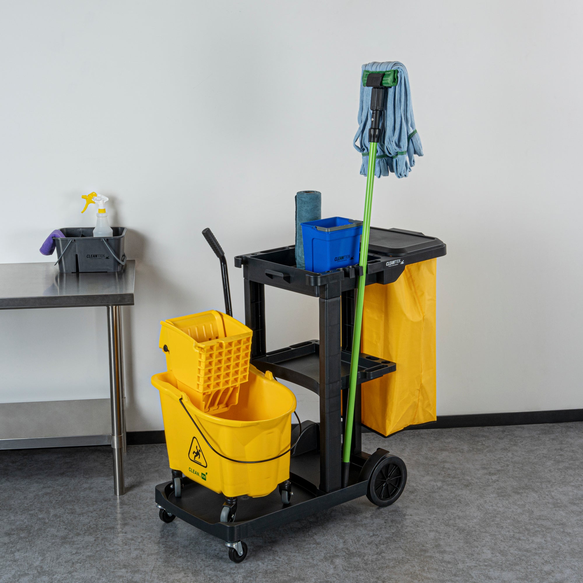 Clean Tek Professional Black 3-Shelf Janitor Cart - 18 gal Bag, Lid - 44" x 18 1/2" x 39" - 1 count box