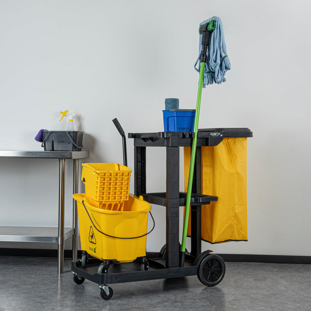 Clean Tek Professional Black 3-Shelf Janitor Cart - 18 gal Bag, Lid - 44" x 18 1/2" x 39" - 1 count box