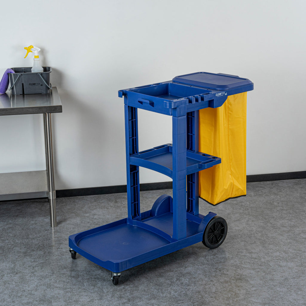Clean Tek Professional Blue 3-Shelf Janitor Cart - 18 gal Bag, Lid - 44" x 18 1/2" x 39" - 1 count box