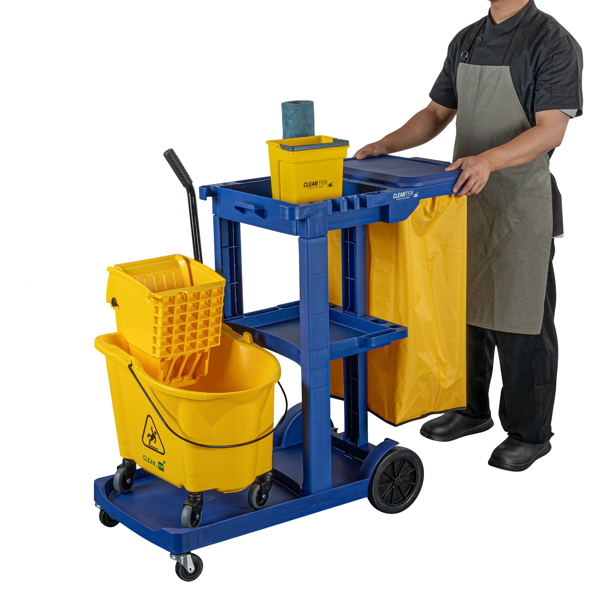 Clean Tek Professional Blue 3-Shelf Janitor Cart - 18 gal Bag, Lid - 44" x 18 1/2" x 39" - 1 count box