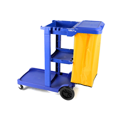 Clean Tek Professional Blue 3-Shelf Janitor Cart - 18 gal Bag, Lid - 44" x 18 1/2" x 39" - 1 count box