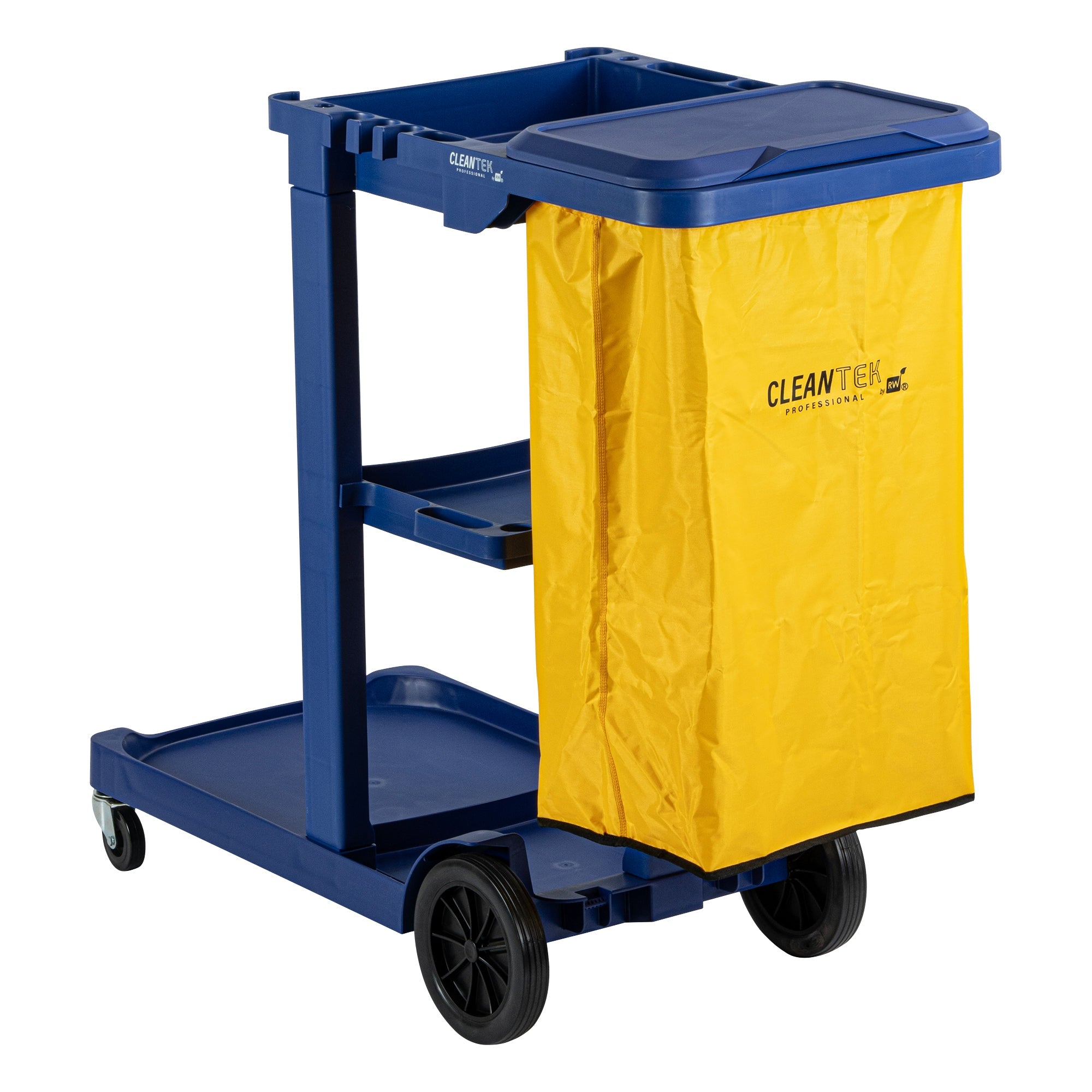 Clean Tek Professional Blue 3-Shelf Janitor Cart - 18 gal Bag, Lid - 44" x 18 1/2" x 39" - 1 count box