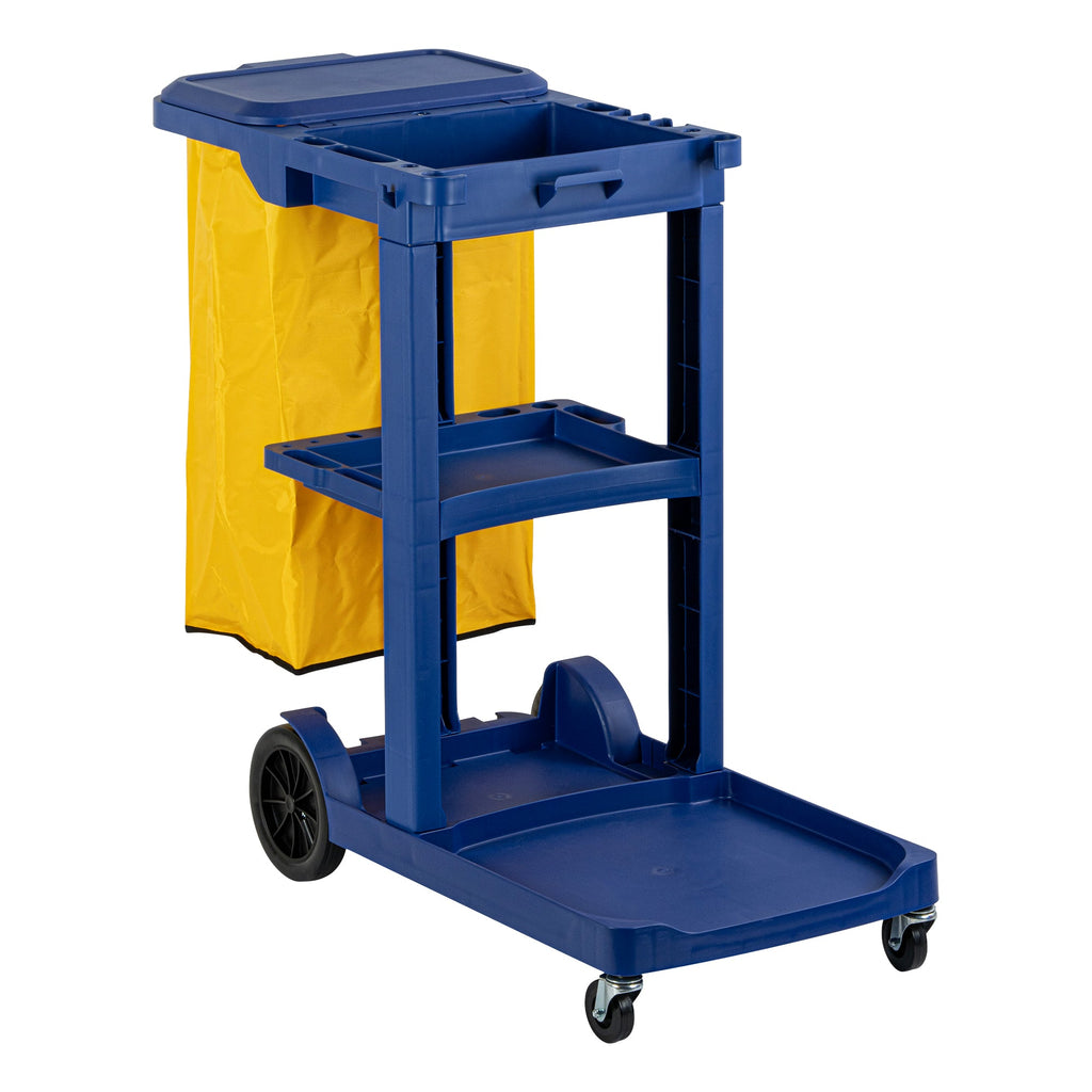 Clean Tek Professional Blue 3-Shelf Janitor Cart - 18 gal Bag, Lid - 44" x 18 1/2" x 39" - 1 count box