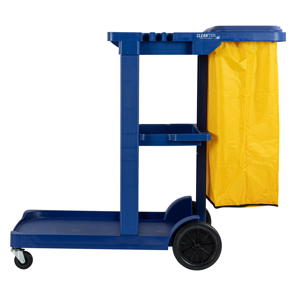 Clean Tek Professional Blue 3-Shelf Janitor Cart - 18 gal Bag, Lid - 44" x 18 1/2" x 39" - 1 count box