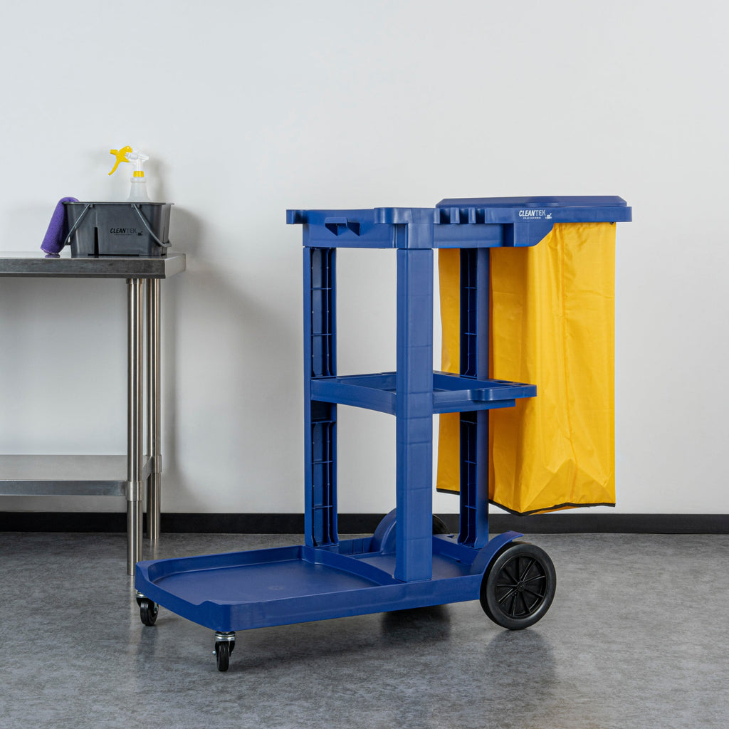 Clean Tek Professional Blue 3-Shelf Janitor Cart - 18 gal Bag, Lid - 44" x 18 1/2" x 39" - 1 count box