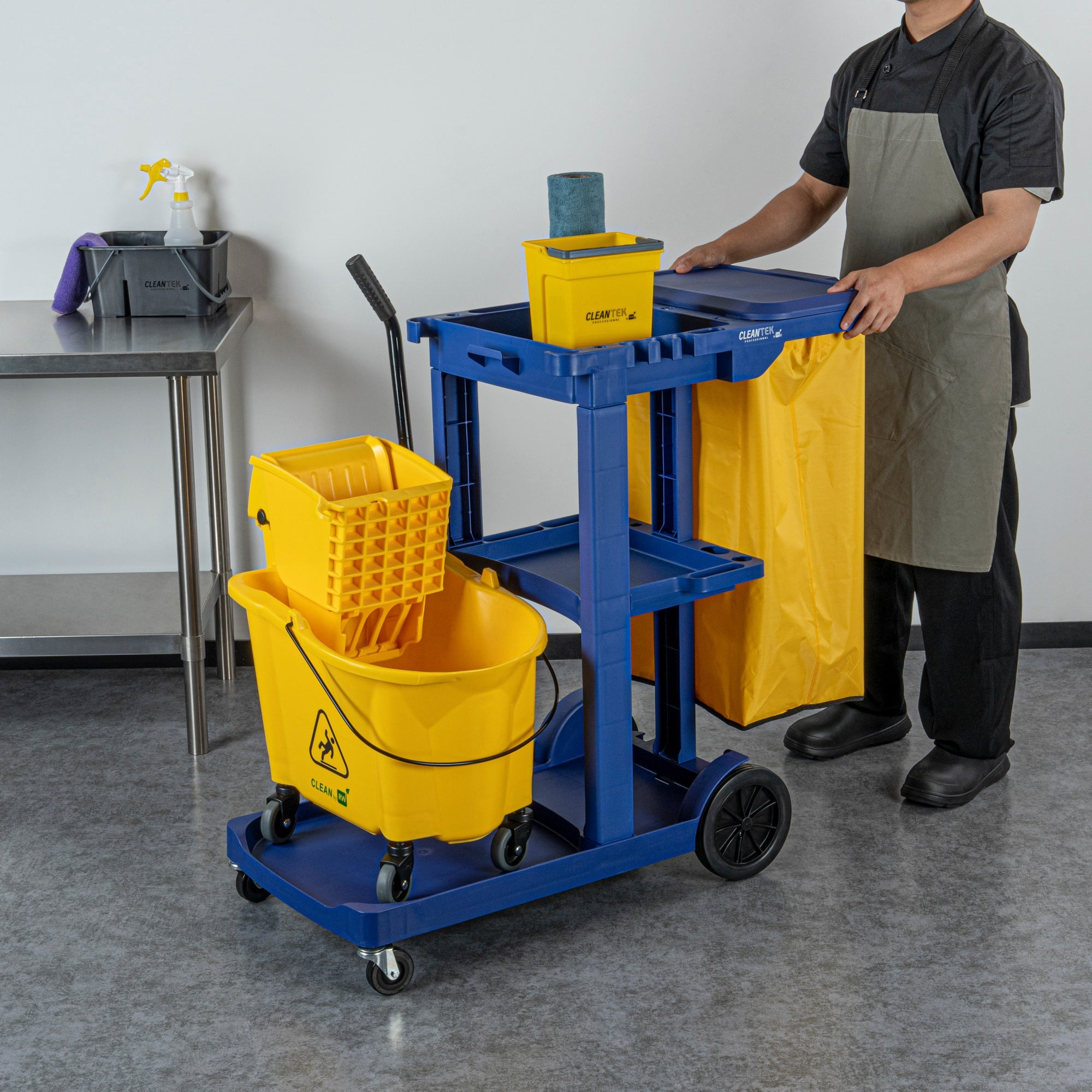 Clean Tek Professional Blue 3-Shelf Janitor Cart - 18 gal Bag, Lid - 44" x 18 1/2" x 39" - 1 count box
