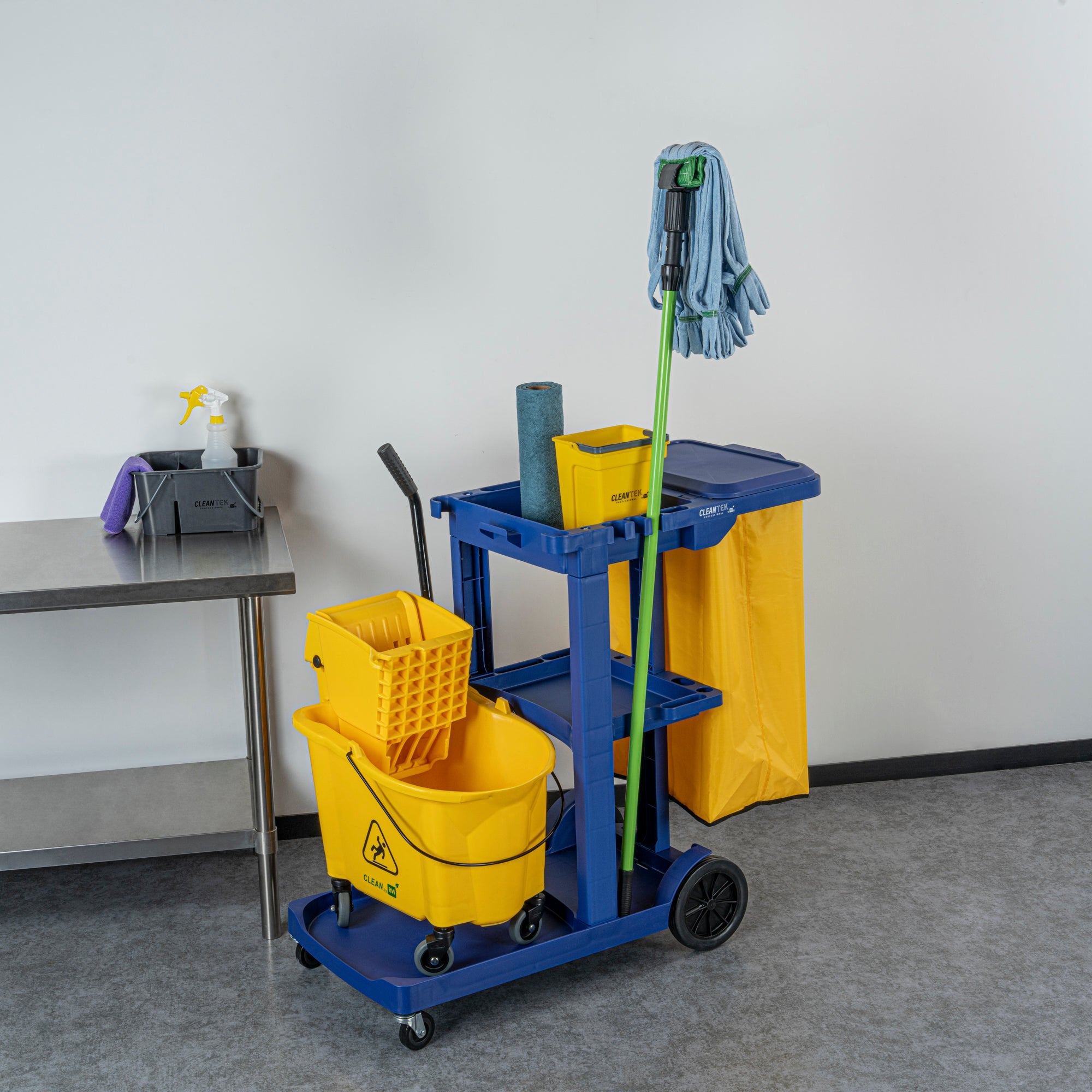 Clean Tek Professional Blue 3-Shelf Janitor Cart - 18 gal Bag, Lid - 44" x 18 1/2" x 39" - 1 count box