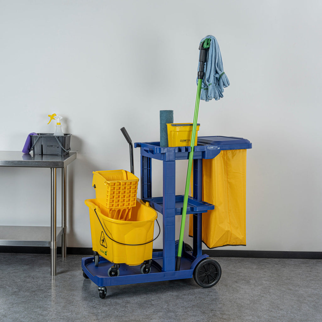 Clean Tek Professional Blue 3-Shelf Janitor Cart - 18 gal Bag, Lid - 44" x 18 1/2" x 39" - 1 count box