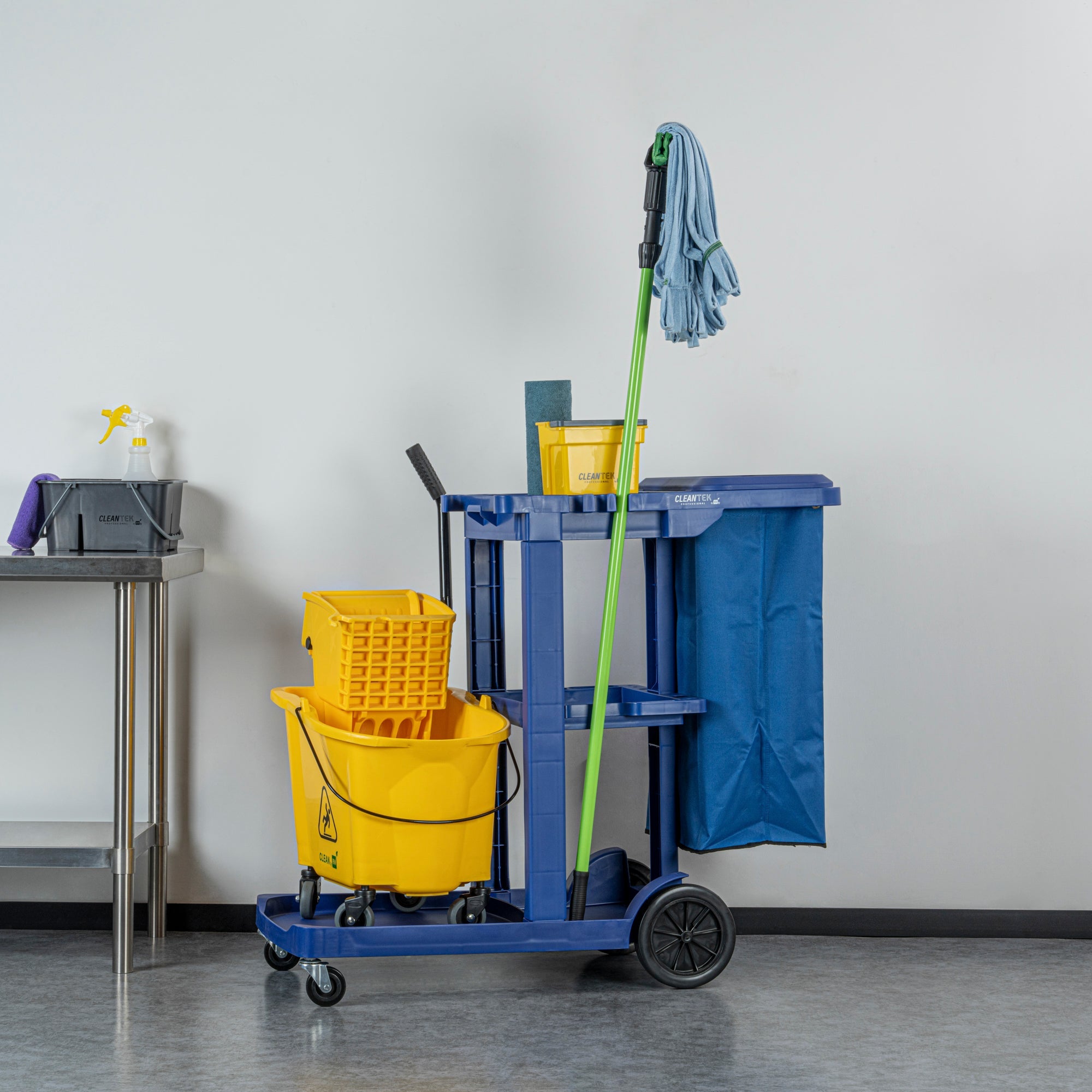 Clean Tek Professional Blue 3-Shelf Janitor Cart - 18 gal Bag, Lid - 44" x 18 1/2" x 39" - 1 count box