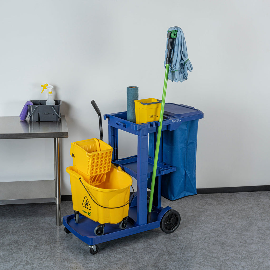 Clean Tek Professional Blue 3-Shelf Janitor Cart - 18 gal Bag, Lid - 44" x 18 1/2" x 39" - 1 count box