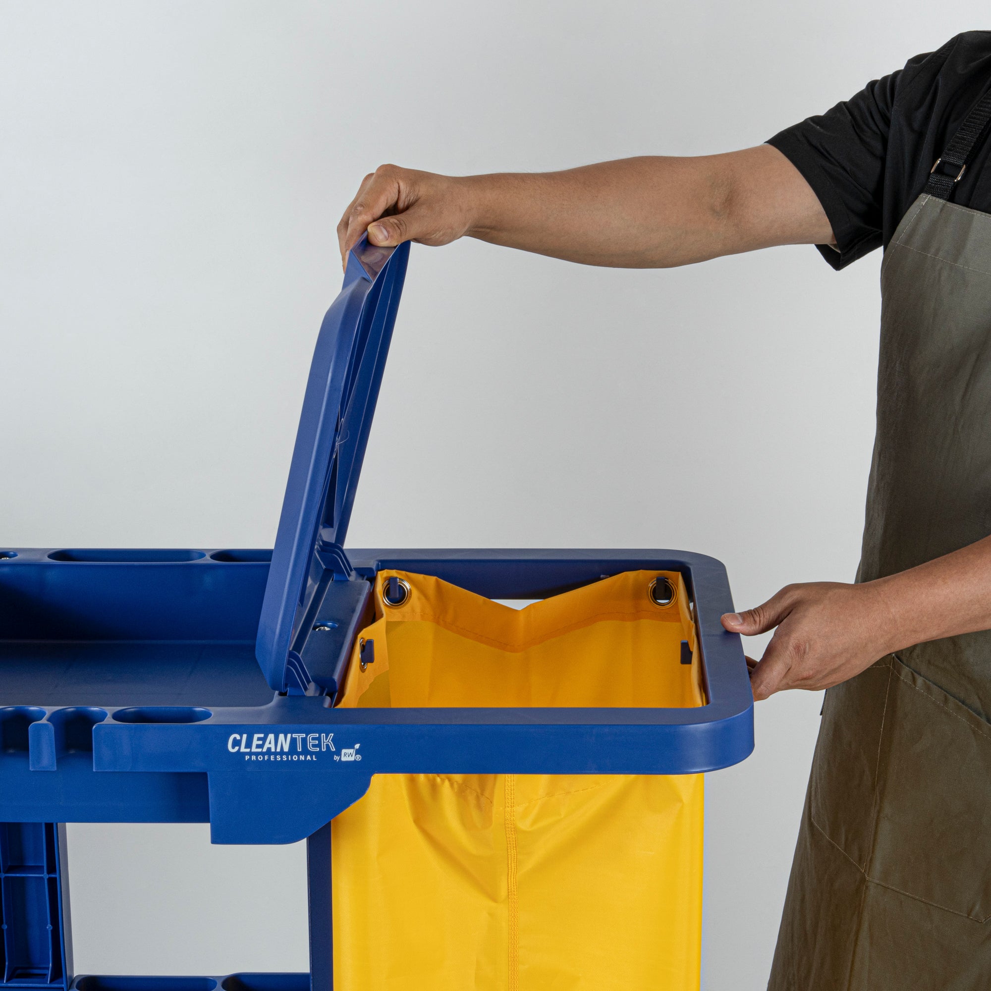 Clean Tek Professional Blue 3-Shelf Janitor Cart - 18 gal Bag, Lid - 44" x 18 1/2" x 39" - 1 count box