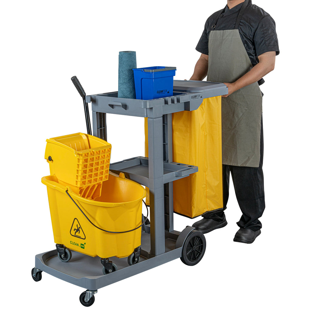 Clean Tek Professional Gray 3-Shelf Janitor Cart - 18 gal Bag, Lid - 44" x 18 1/2" x 39" - 1 count box