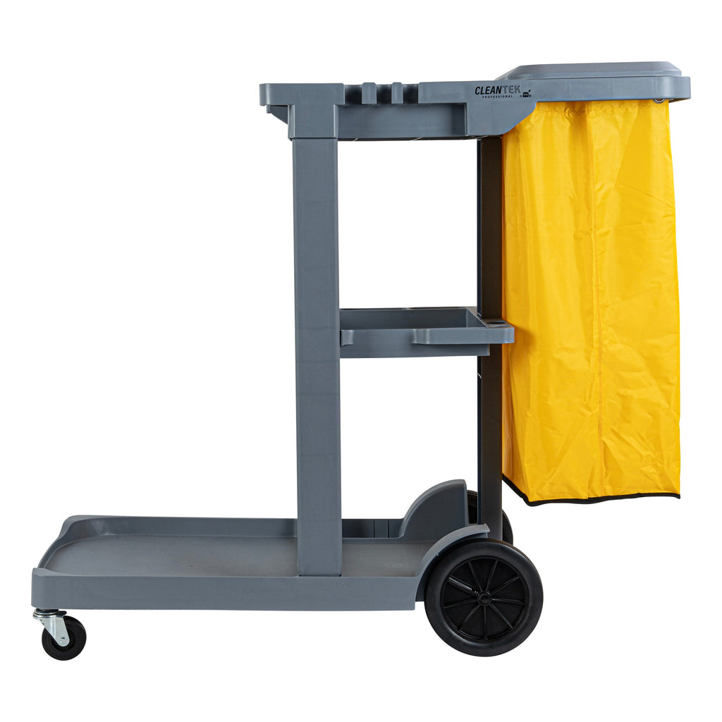 Clean Tek Professional Gray 3-Shelf Janitor Cart - 18 gal Bag, Lid - 44" x 18 1/2" x 39" - 1 count box