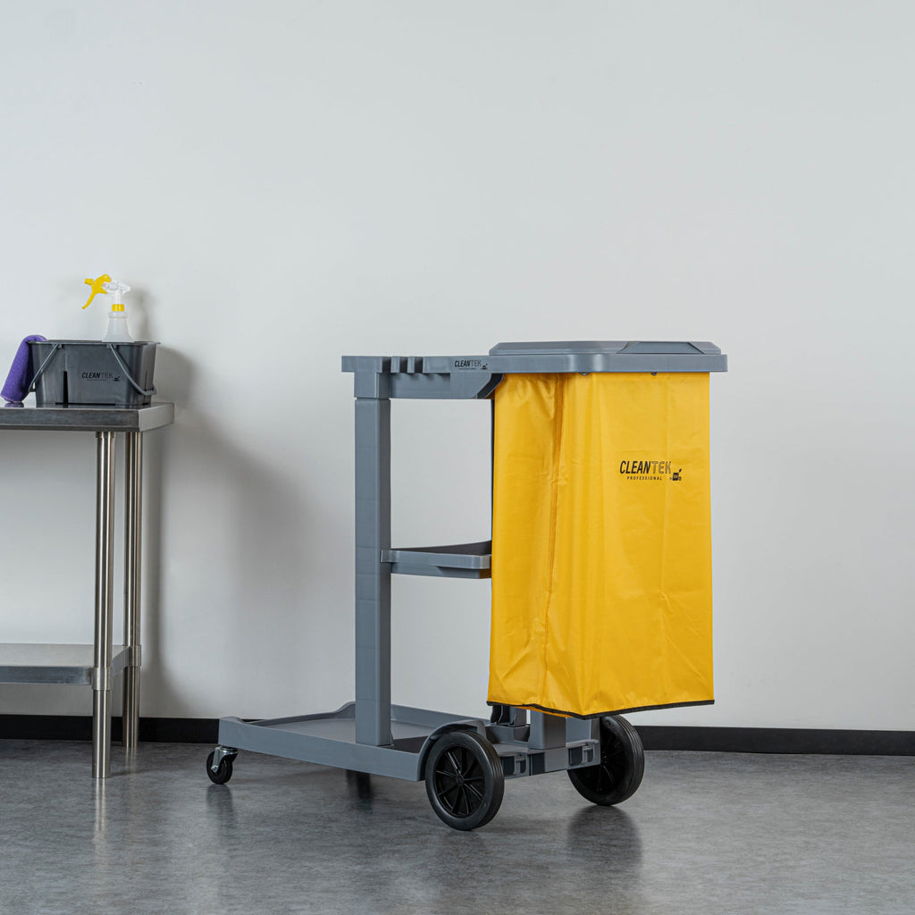 Clean Tek Professional Gray 3-Shelf Janitor Cart - 18 gal Bag, Lid - 44" x 18 1/2" x 39" - 1 count box