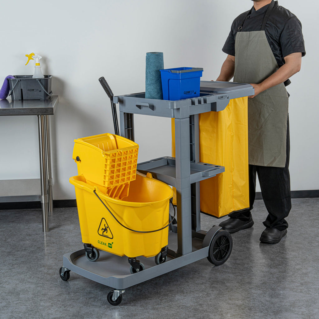 Clean Tek Professional Gray 3-Shelf Janitor Cart - 18 gal Bag, Lid - 44" x 18 1/2" x 39" - 1 count box