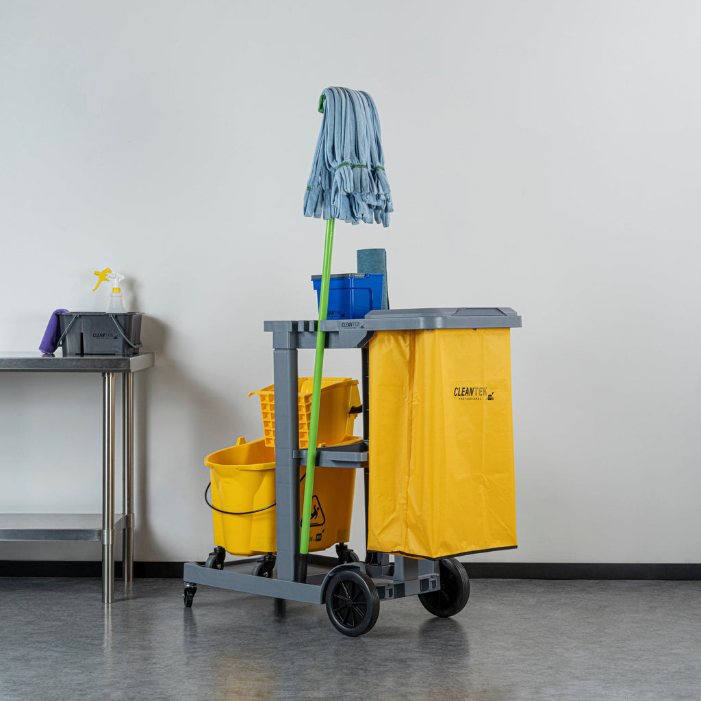 Clean Tek Professional Gray 3-Shelf Janitor Cart - 18 gal Bag, Lid - 44" x 18 1/2" x 39" - 1 count box