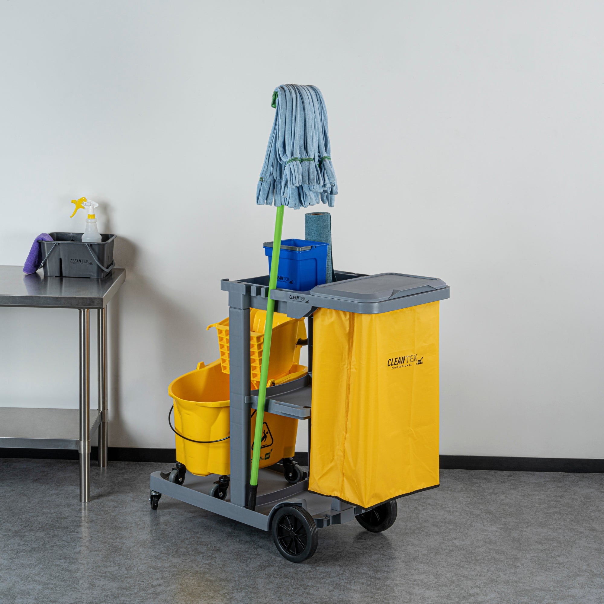 Clean Tek Professional Gray 3-Shelf Janitor Cart - 18 gal Bag, Lid - 44" x 18 1/2" x 39" - 1 count box